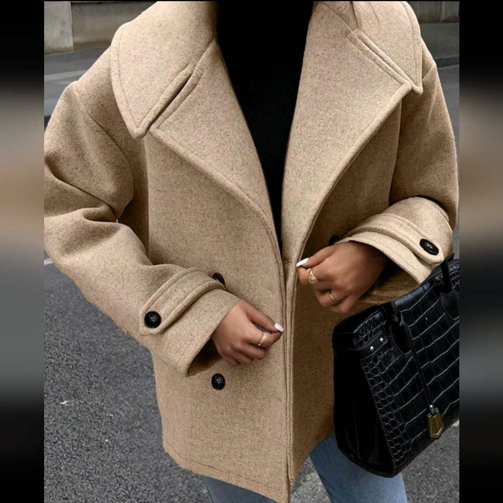 Women's Solid Color Double-Breasted Long Sleeve Loose Casual Woollen Coat